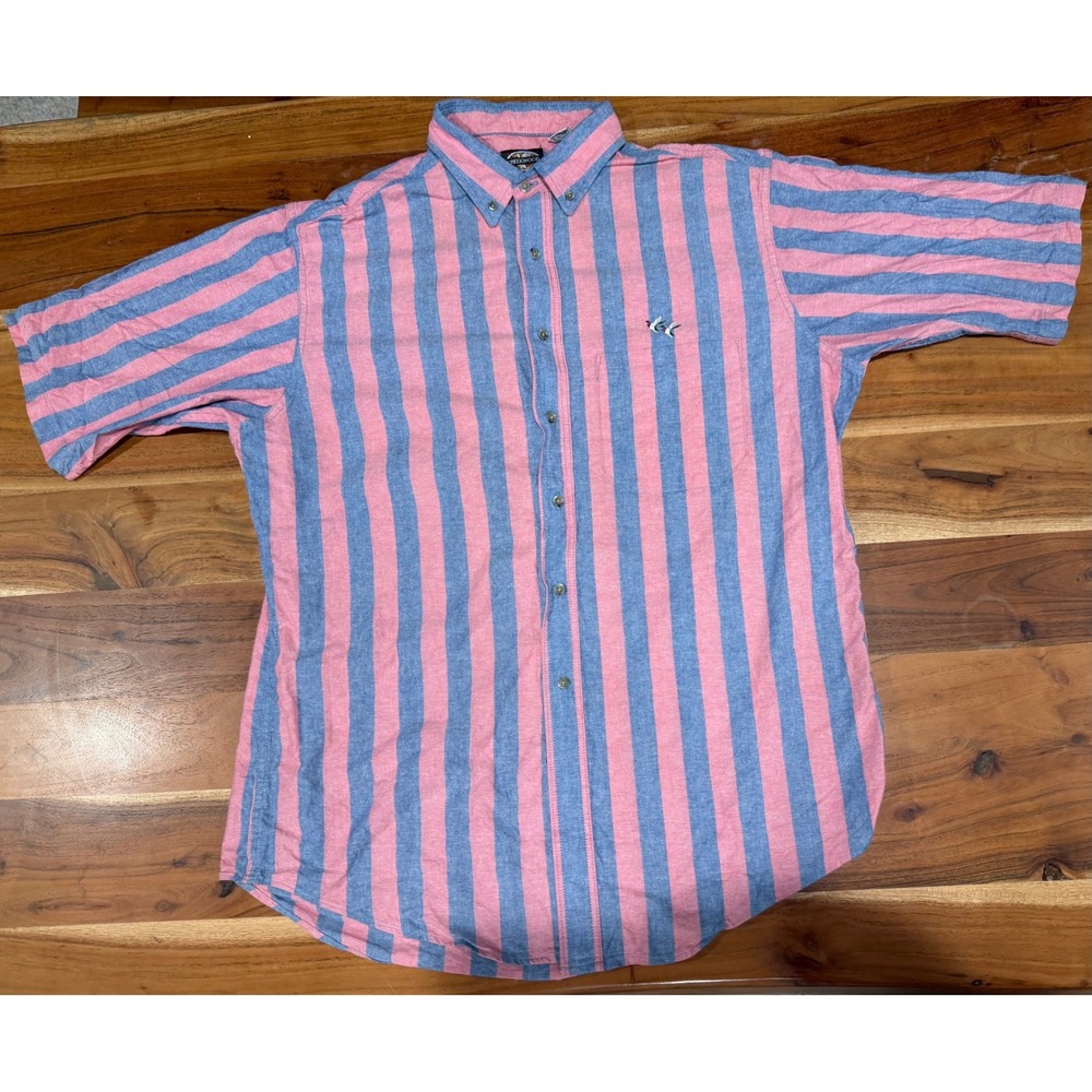 Vintage Creekwood Mens Large Pink Blue Striped Cotton Button Down Shirt USA Made